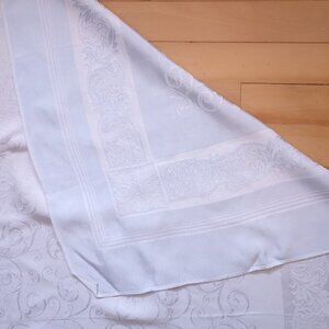 VTG Linen Damask Lt Blue Reversable Tablecloth w/ Floral & Scroll Design 62"x50"